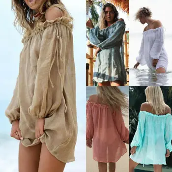 

Fashion Hot Sexy Cover-Ups Boho Dress Women See-through Holiday Off Shoulder Long Sleeve Beach Dresses Sundress 2019 Newest