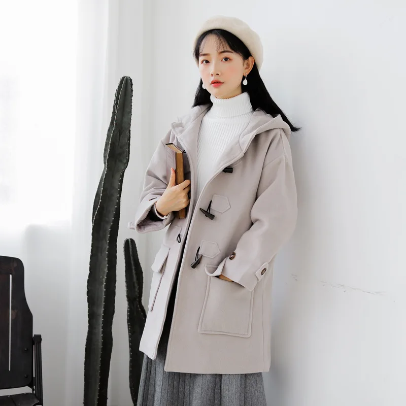 

Preppy Style Loose Long Winter Fashion Wool Coats Horn Button Wool Blend Coat and Jacket Turn-down Collar Coat Femenino