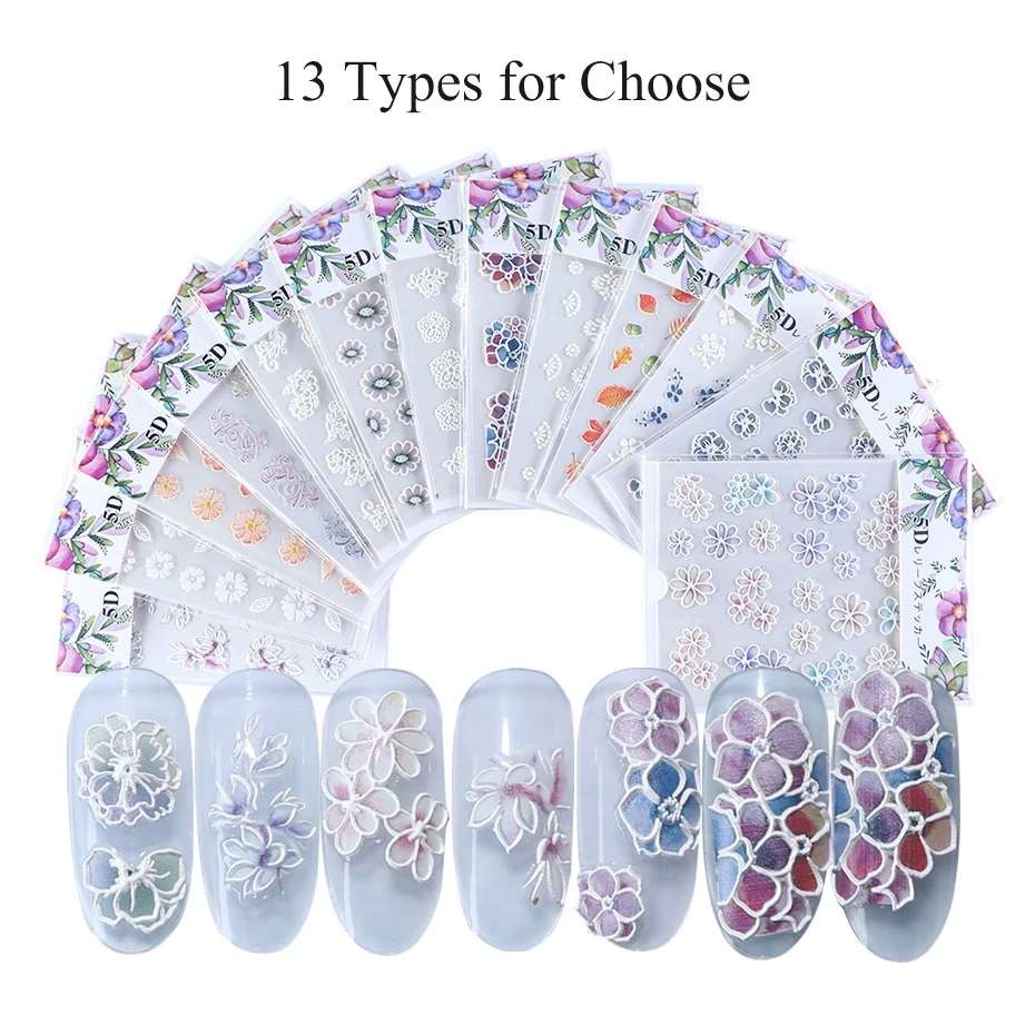 5D Embossed Nail Sticker Decals Blooming Flower Acrylic Engraved 3D Slider Manicure Empaistic Nail Art Decoration Tips CH1019