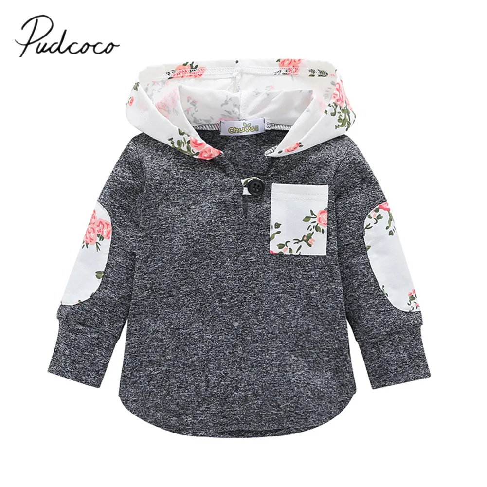 

2018 Brand New Toddler Baby Girls Hoodies Tops Floral Print Long Sleeve Pullover Hooded Warm Tops Autumn Winter Patchwork Tops