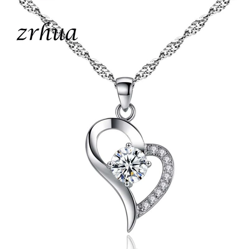 

ZRHUA 925 Sterling Silver Necklace for Women Sweet Heart Cubic Zirconia Pendant FWedding Party Choker Women Fashion Jewelry Gift