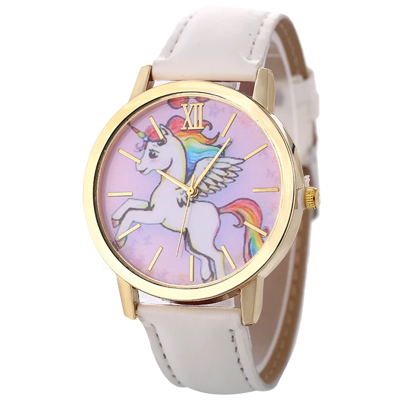 Unisex Watch Fashion Unicorn Pattern Men Women Simple Leather Quartz ...