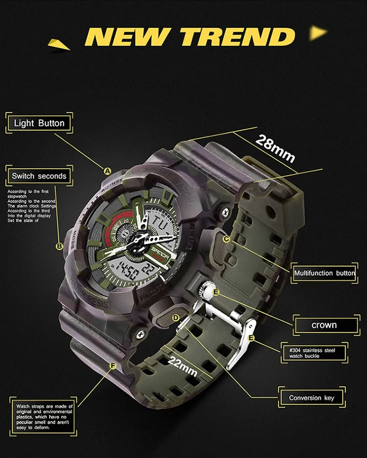 Новинка, мужские Роскошные Аналоговые кварцевые цифровые часы, мужские водонепроницаемые спортивные военные часы, брендовые SANDA модные часы