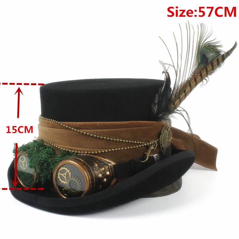 Black 57CM Верхняя шляпа 15 см, 4 размера, шерстяная шляпа для женщин и мужчин, топ, шляпа-федора, волшебник, стимпанк, ручная работа, очки для костюмированной вечеринки, праздничные колпаки в стиле панк - Цвет: Black 57CM