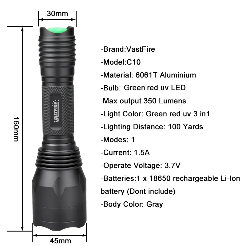 C10 1 Режим светодиодный охотничий оружейный светильник s зеленый/красный/УФ-светильник 3 цвета в 1 Тактический оружейный светильник s для 18650 батареи на открытом воздухе/рыбалки