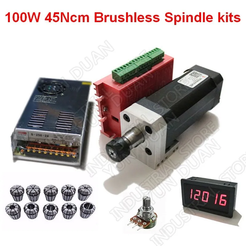 

100W 45Ncm DC Brushless spindle 42mm motor + driver + power supply + Speed indicator + Potentiometer + ER11 Collets Match MACH3