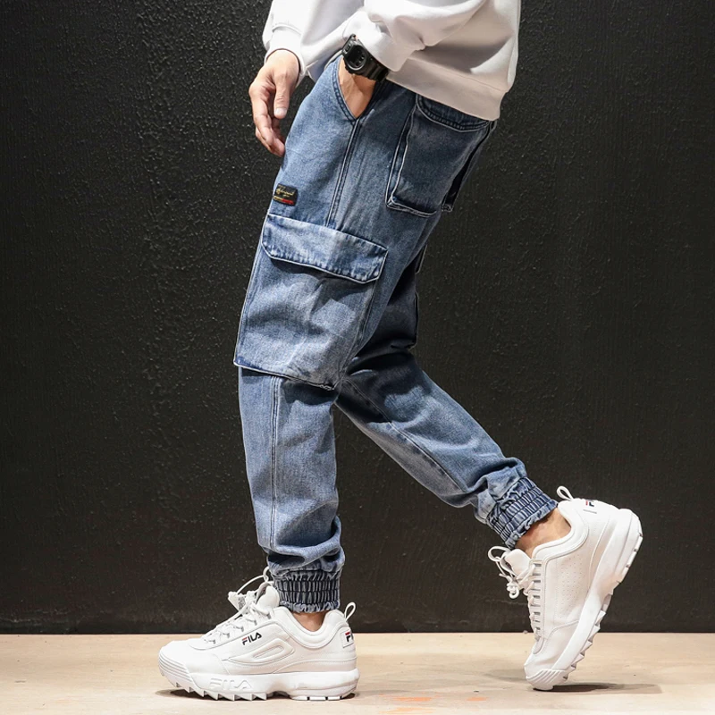 Для мужчин Мульти-карман модные джинсовые брюки уличной хип-хоп Cargo Pant упругие талии джинсы мужские шаровары
