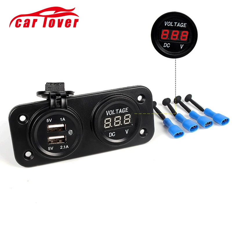 

12V 24V Car Motorcycle Dual USB Charger Adapter + DC Voltmeter Digital Display Moniter Cigarette Lighter Socket Distributor SUVs