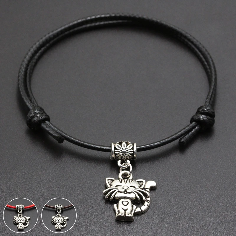 

2019 New Happy Cat Pendant Red Thread String Bracelet Lucky Black Coffee Handmade Rope Bracelet for Women Men Jewelry
