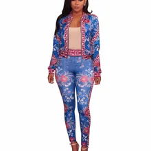 Impresión Floral Vintage cremallera larga overoles chaqueta de las mujeres superior, completo longitud pantalón 2 piezas conjunto mono de talla grande Delgado mameluco 3XL