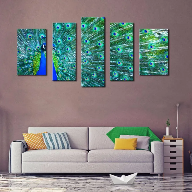 5 Panel Modern E-HOME Peacock Oil Painting Print On Canvas Home Decor Wall Art Picture No Frame Wholesale | Дом и сад