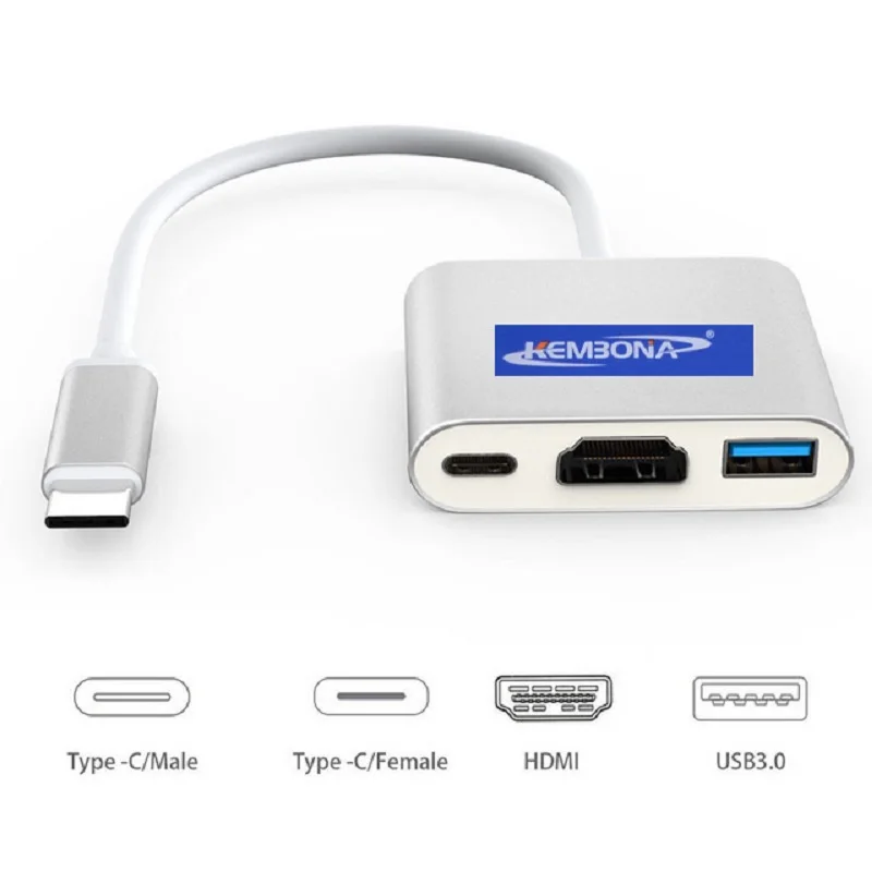 Kembona Usb Тип-C USB Hub адаптер 3 в 1 взаимный обмен данными между компьютером и периферийными устройствами C концентратор HDMI USB3.0 Тип-C переходник с внутренней резьбой с зарядки конвертер для нового MacBook