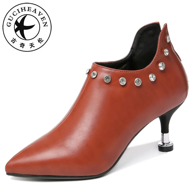 

Guciheaven Crystal Office Pumps Careeer Dress Shoes Women Pointed Toe Spike Med High Heels Zipper Pure Pu Brown Black Slip-On