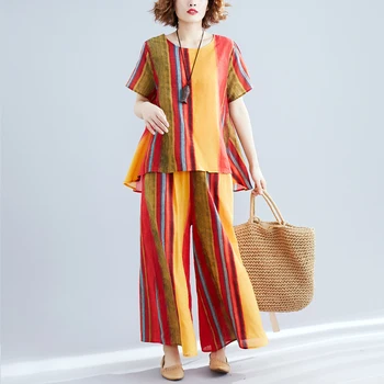 

#0822 Summer 2 Piece Outfits For Women Irregular T Shirt Striped Printed And Wide Leg Pants Women Cotton Linen Two Piece Set