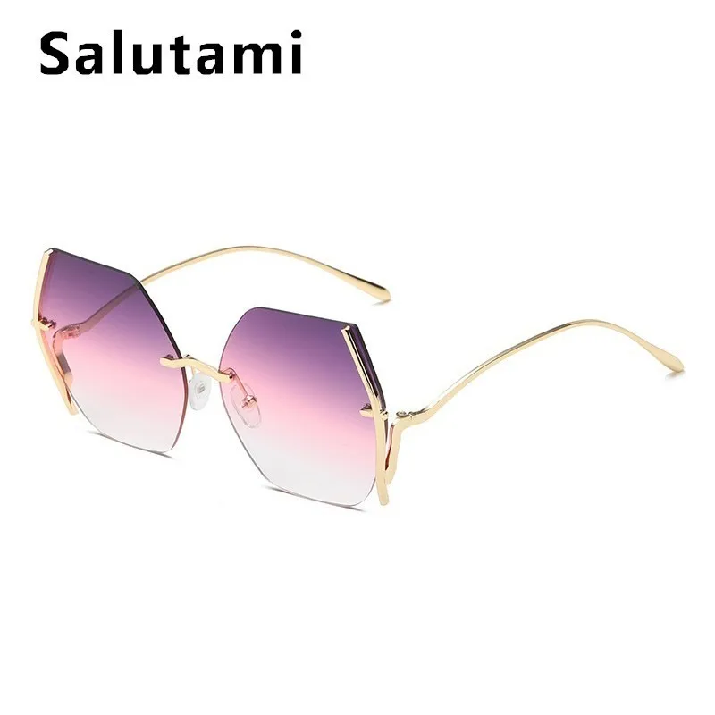 Многоугольная резка, безрамные солнцезащитные очки "кошачий глаз" для женщин, сплав, изогнутые ноги, сексуальные очки, женские розовые зеркальные оттенки, большие коричневые - Цвет линз: purple pink