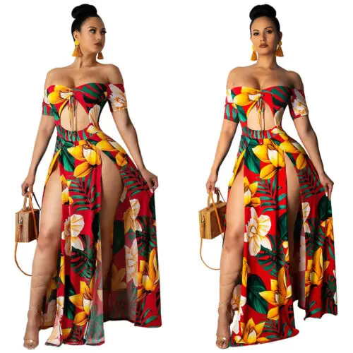 

Women Summer Beach Off Shoulder Split Maxi Dress Swimwear Cover Up Kaftan Dress