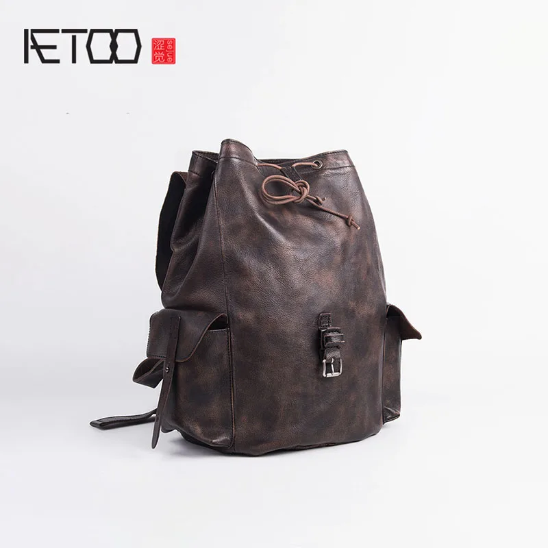 

BJYL Shoulder backpack men and women leather British casual simple schoolbag wash head cowhide bucket bag