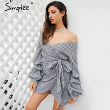 Simplee Off shoulder plaid wrap sexy font b dress b font Elegant long lantern sleeve bow