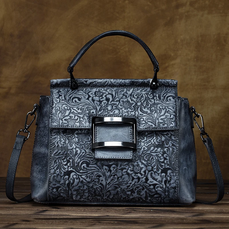 Genuíno para Mulheres Bolsa de Primeira Camada de Couro Retro em Relevo Couro Ombro Tote Floral Feminino Cruz Corpo Mensageiro Bolsa Alça Superior
