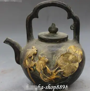 

Old Bronze Gilt Carving Fish Fishes Leaf Statue Teapot Kettle Wine Pot Flagon
