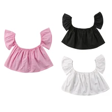 Модный повседневный короткий рукав-лепесток пуловер с вырезом лодочкой глухие блузки для новорожденных девочек, 3 стиля, летняя одежда для детей от 0 до 24 месяцев