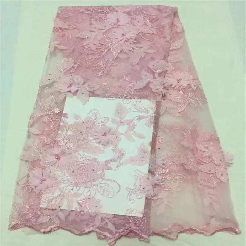

2018 Latest African Laces Baby Pink Lace Fabric Nigerian French Lace Fabrics French Tulle Lace Fabric With 3D Flower For Lady 30