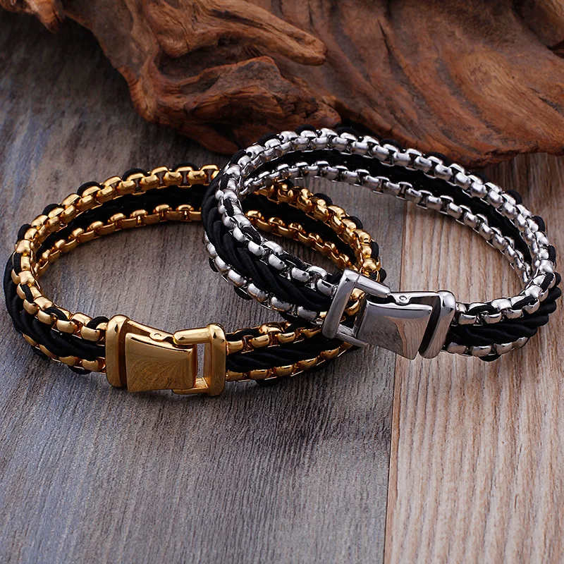 

Hot popular leather braided bracelet Fashion titanium steel men's bracelet Stainless steel jewelry