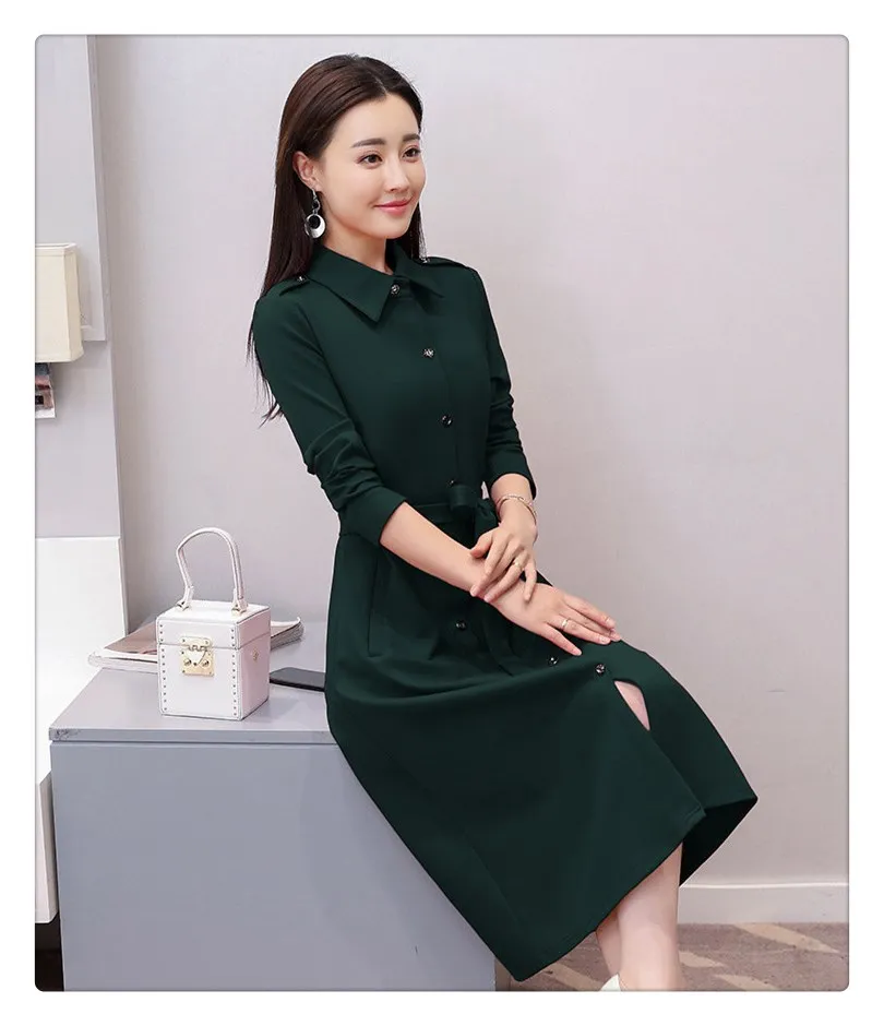 2018 New Spring Autumn Fashion Women Long Sleeve Office Work Slim A-Line Dress Sashes Pocket Turn-down Collar Midi Dresses Dresses