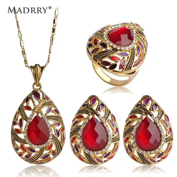 

Newest Red Rhinestone Necklaces&Earrings&Rings Water Drop Heart Pendants Ouro Aretes Big Anel Aros Wedding Ensemble de Bijoux