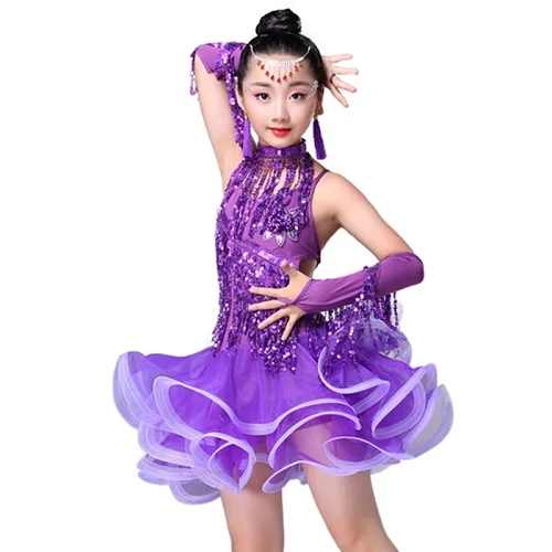 Платья для девочек для соревнований по латинским танцам, без рукавов, с блестками, танго, ча-Самба, одежда для выступлений, детская одежда, 4 цвета, DC1495 - Цвет: Фиолетовый