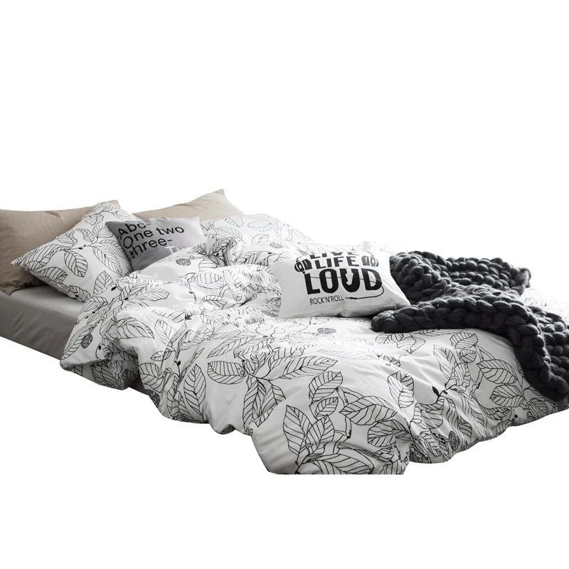 

TUTUBIRD white and black leave leaf print bed linen 100% cotton bedding set modern duvet covers 4pcs queen Twin size