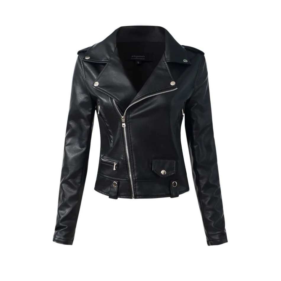 Casual PU Leather Jacket Women Classic Zipper Short Motorcycle Jackets ...