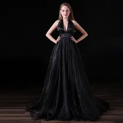 Великолепное длинное черное вечернее платье трапециевидной формы новое вечернее платье без рукавов с бретелькой на шее, вечернее платье