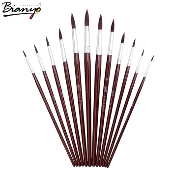

Bianyo 12pcs Round Sharp Synthetic Hair my Artist Brushes Brown Wooden Handle Paint WatercolorBrushes for stationery Supplies