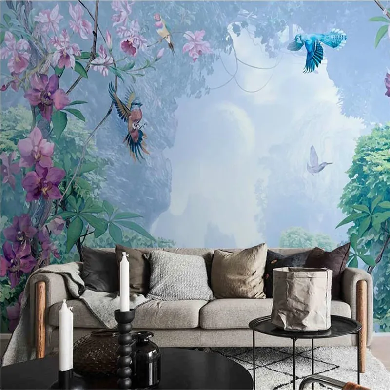 Custom wallpaper Nordic hand-painted small fresh tropical plants flowers and birds background decorative waterproof material Custom wallpaper Nordic hand-painted small fresh tropical plants flowers and birds background decorative waterproof material
