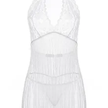 MwOiiOwM сексуальное женское белье Хит белый Холтер кисточкой платье+ стринги 2 шт сексуальная пижама шорты с сеткой Клубное платье SV03