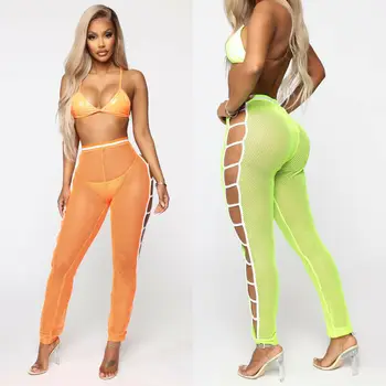 

Women Beach Cover Up Mesh Net Pencil Pants High Waist Slim Trousers Sexy Hollow Out See Through Pants Leggings Club Beach Wear