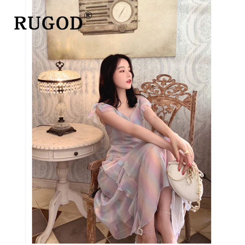 RUGOD элегантное яркое шифоновое платье на тонких бретелях с оборками без рукавов