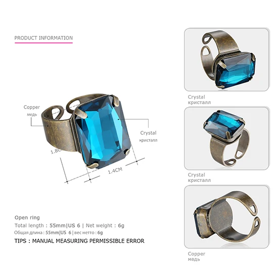 eManco 15 Цвет Популярные Простой Заявление кольцо манжета Открыт для женщин Многоцветный Кристалл Опал Древнее золото гальваническим Регулируемое ювелирные изделия - Цвет основного камня: RG02700-4 Blue