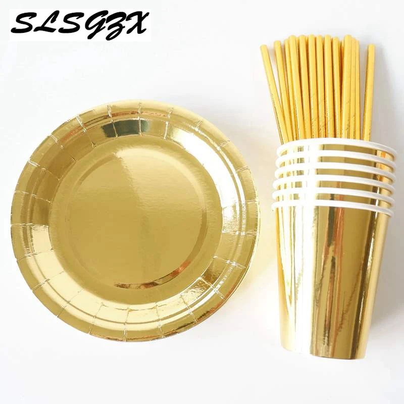 

45Pcs/Set Gold Paper Disposable Tableware Christmas Birthday Party Paper Plates Cups Carnival Party Supplies Plastic Straws