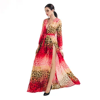 

2019 New Style Elegant Temperaments Casual Beach Loose Full Dress Sexy Women Slit Sleeve Deep V-neck Leopard Dresses Wholesale