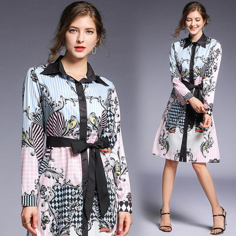 

2019 Spring Summer Fall Runway Floral Print Collar Sashes Long Sleeve Womens Party Casual Empire Waist A-Line Midi Shirt Dress