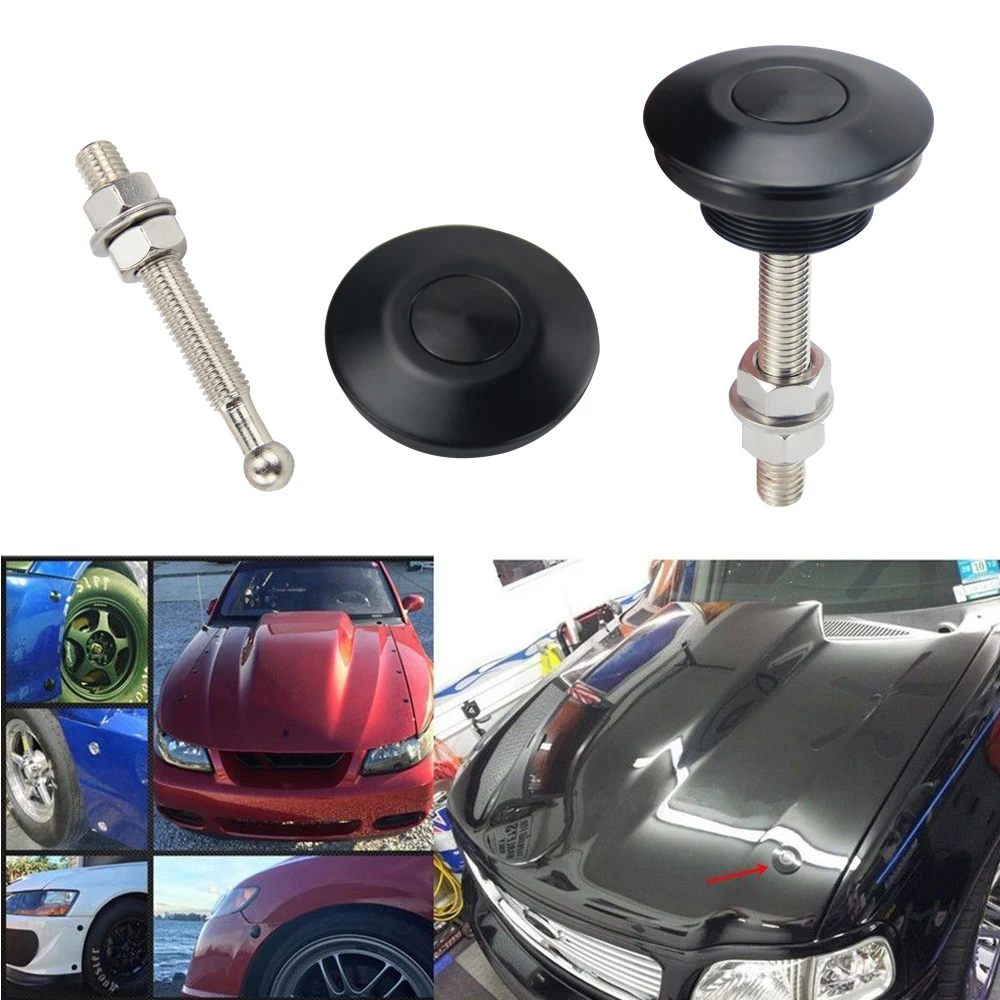 Black Universal Push Button Billet Hood Pin Locks Clip Kits Auto Car Quick Latch