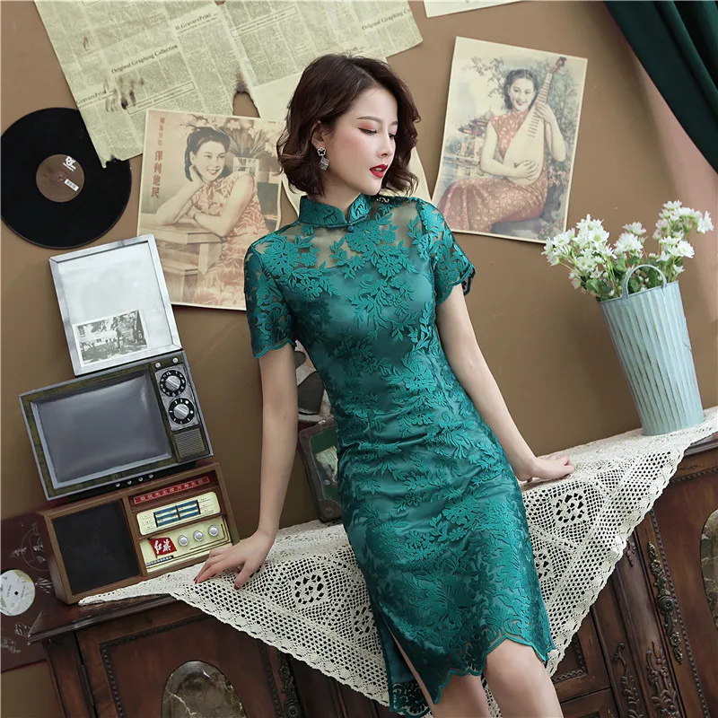 New Lace Chinese Traditional Style Cheongsam Elegant Women' s Handmade Button Dress Mandarin Collar Sexy Short Dress Size S-XXL