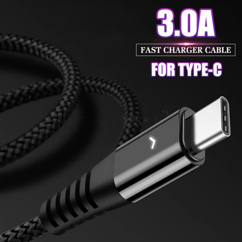 

3A Fast Charging LED Light Type C Cable Cord For Samsung S10 Xiaomi Mobile Phone Data Sync Charger Cable For Huawei Type-C Wire