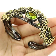 Beautiful Green Peridot, White CZ Ladies Woman's 925 Black Gold Silver Earrings 42x24mm