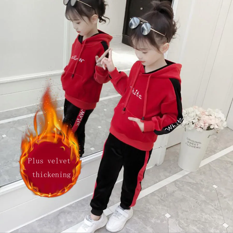 Детская куртка для девочек, комплект одежды для больших девочек, бархатный утепленный спортивный костюм, куртка с длинными рукавами, спортивный костюм для девочек, одежда - Цвет: Red thicken