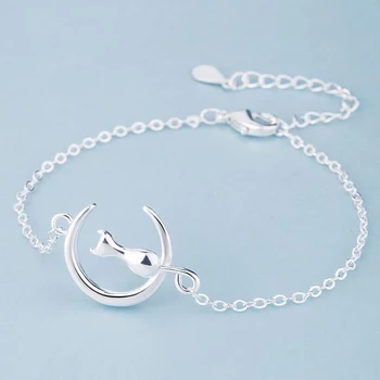 

KOFSAC New Charm 925 Sterling Silve Bracelets for Women Engagement Simple Sweet Cute Moon kitten Bangles Jewelry Girl Best Gifts