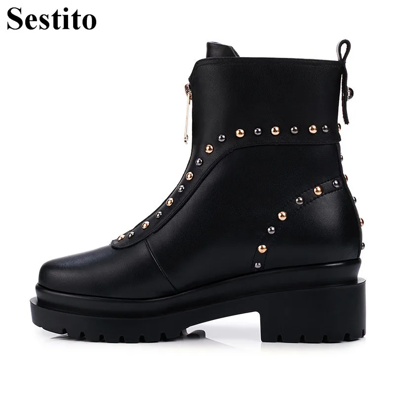 

Fashion Black Rivet Woman Boots Round Toe Platform Ankle Boots For Women Square Heel Zip Women Shoes Short Boots Spring/Autumn