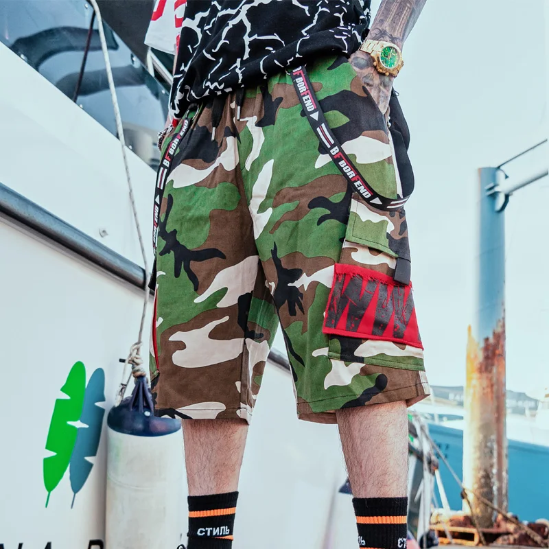 Камуфляжные ленты карго шорты для женщин уличная для мужчин Хип Хоп Лето повседневное Хлопок Карманы мужской